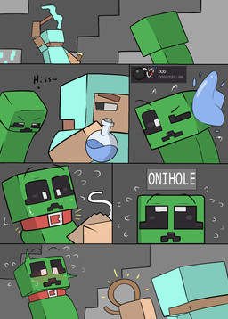 blush bodily_fluids collar diamond_armor diamond_pickaxe duo female male male/female potion potion_bottle rope square_(anatomy) square_head sweat text defunctumbra microsoft minecraft mojang xbox_game_studios creeper_(minecraft) human humanoid mammal comic hi_res