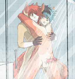 anthro balls bath bathroom black_hair blue_eyes blue_hair duo erection eye_contact freckles fur genitals hair hand_on_chest humanoid_genitalia humanoid_penis looking_at_another male male/male multicolored_body multicolored_fur multicolored_hair navel nude orange_body orange_fur orange_hair penis shower smile smirk standing teeth v-cut water wet yellow_body yellow_fur raxkiyamato canid canine canis domestic_dog equid equine horse mammal 2016 digital_media_(artwork) portrait three-quarter_portrait