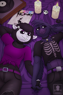 anthro beak black_body black_fur black_sclera candle clothing detailed_background duo feathers female fur hair jewelry male smile tail teeth white_eyes wool_(fur) darkmaro mob_entertainment nightmare_critters poppy_playtime smiling_critters baba_chops_(poppy_playtime) poe_(poppy_playtime) avian bird bovid caprine corvid corvus_(genus) mammal oscine passerine raven sheep absurd_res digital_media_(artwork) hi_res nonbinary_(lore)