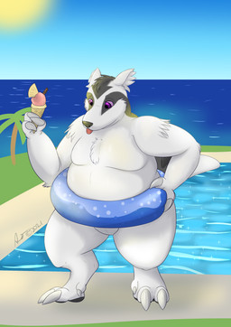 anthro anthrofied beach black_markings dessert featureless_crotch food fur ice_cream ice_cream_cone inflatable inner_tube male markings overweight overweight_male poolside purple_eyes semi-anthro solo white_body white_fur alex.fetter fakemon nintendo pokemon generation_3_pokemon linoone mammal mustelid pokemon_(species) absurd_res hi_res