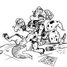 4_horns animal_genitalia anthro aroused balls blush blush_lines claws clothed clothing coin coin_purse curved_horn dagger duo eyelashes female furniture genitals gloves half-closed_eyes handwear horn infinity_symbol looking_at_another lying_on_table male male/female male_spreading markings melee_weapon mischievous multi_horn narrowed_eyes nude onomatopoeia open_mouth partially_clothed photo pickpocket rattling sheath simple_background size_difference smaller_male smile sound_effects spilled_drink spots spotted_body spread_legs spreading stealing symbol table tail text thief toe_claws tongue tongue_out wanted_poster weapon white_background kemonoruka_(artist) piko_(simplifypm) ruka_the_kobold_(character) kobold scalie 1:1 2018 digital_media_(artwork) hi_res monochrome sketch