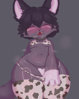 4_fingers animal_print anthro black_hair black_nose blush breasts clothing collar cow_print female fingers fur genitals hair humanoid_genitalia humanoid_vulva legwear looking_at_viewer multicolored_body multicolored_fur narrowed_eyes navel open_mouth pink_eyes pulled_down_panties smile solo spiral_pupils standing steam tail teeth_showing thick_thighs thigh_highs tongue two_tone_body two_tone_fur vulva young canelita_brujita_7w7 rika_(zazaffra) mammal mustelid musteline stoat true_musteline weasel 4:5 absurd_res hi_res