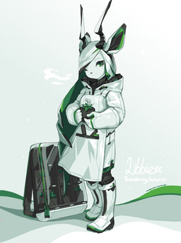 anthro apron backpack bag bangs black_clothing black_leggings black_legwear boots breasts clothed clothing coat dress female footwear gloves hair hair_over_shoulder handwear head_tilt high_collar hood hooded_coat horn latex latex_clothing latex_gloves latex_handwear leggings legwear light_smile long_hair long_sidelocks looking_at_viewer mandarin_collar mouth_closed non-web_source one_eye_closed plant plant_pot potted_plant rubber_boots shoes side_bangs simple_background small_breasts solo standing text three-quarter_view topwear tsurime upturned_eyes white_apron white_clothing white_coat white_dress white_hair white_topwear tyson_tan spirit_animals_in_disguise libbie_the_spirit_oryx antelope arabian_oryx bovid grazing_antelope mammal oryx 2019 absurd_res digital_media_(artwork) full-length_portrait hi_res krita_(artwork) portrait signature