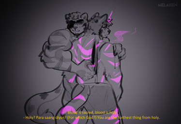 anthro anthro_on_anthro barazoku blood bodily_fluids briefs clothing dialogue duo fake_screencap fur intimate male male/male muscular muscular_anthro muscular_male pink_stripes possession smile striped_body striped_fur stripes talking_to_another teeth text underwear yellow_text melaisen bau_(melaisen) ramiro_(melaisen) akita canid canine canis domestic_dog felid mammal pantherine spitz tiger 2023 absurd_res artist_name digital_drawing_(artwork) digital_media_(artwork) english_text hi_res partially_colored portrait spanish_text three-quarter_portrait