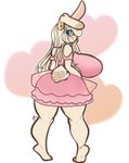 anthro big_breasts big_butt blonde_hair blue_eyes blush breasts butt clothing curvy_figure dress ear_tattoo female hair heart_eyes heart_symbol huge_breasts long_hair looking_at_viewer looking_back pink_clothing pink_dress side_boob simple_background smile solo tehbuttercookie marzipan_honeybun lagomorph leporid mammal rabbit hi_res