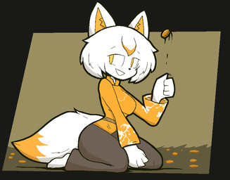 anthro barefoot breasts clothed clothing coin feet female fur hair looking_at_viewer medium_breasts on_lap simple_background sitting_on_lap smile solo tail white_body white_fur yellow_eyes usagibun1 tempest_(tanuki4h) canid canine fox mammal 2025 digital_media_(artwork)