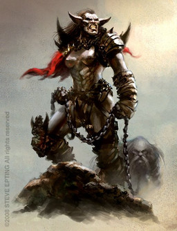 abs angry armor breasts chain clenched_teeth female hair holding_chain horn not_furry solo standing teeth steve_epting humanoid orc 2008 digital_media_(artwork) digital_painting_(artwork) painting_(artwork) shaded