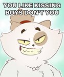 anthro clothed clothing collar fangs fur hair looking_at_viewer male multicolored_body multicolored_fur ponytail simple_background smile solo teeth text toothy_grin white_body white_fur yellow_sclera diazhuscar_(artist) ankama boy_kisser_(meme) dofus dofus:_kerub's_bazaar kerub_crepin demigod domestic_cat ecaflip felid feline felis hybrid mammal digital_media_(artwork) english_text hi_res meme