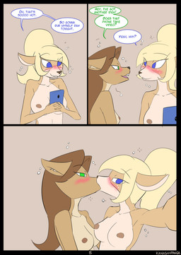 anthro bikini blonde_hair blue_eyes blush breasts brown_hair camera clothing dialogue drunk electronics female female/female green_eyes hair kiss_on_lips kissing mature_anthro mature_female nipples phone simple_background substance_intoxication swimwear text two-piece_swimsuit kanashiipanda book_of_lust julia_woods olivia_hart canid canine canis cervine deer mammal wolf 2019 comic english_text hi_res