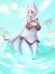 anthro bikini black_bikini black_clothing black_swimwear clothing cloud female fur hair palm_tree plant ponytail sky solo sun swimwear tree two-piece_swimsuit water white_body white_fur white_hair ei-tule-kesaa alice_destiny arctic_fox canid canine fox mammal true_fox 3:4 absurd_res hi_res