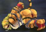 abs anthro bdsm bondage bound butt chain clothing looking_at_viewer male muscular muscular_anthro muscular_male muscular_sub pecs simple_background solo submissive submissive_male thong underwear a3_lion wildheit lifewonders tokyo_afterschool_summoners macan_(tas) felid mammal pantherine tiger colored hi_res