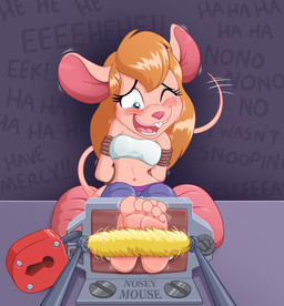 5_toes anthro arms_tied bandeau barefoot bdsm biped blonde_hair blue_eyes blush bodily_fluids body_blush bondage bound breasts brush buckteeth clothing crying_laughing dialogue eek eyebrows eyelashes feet feet_together female foot_blush foot_fetish foot_focus front_view glistening glistening_eyes hair hands_behind_back humanoid_feet laugh legs_together lock midriff motion_lines motion_outline navel one_eye_closed open_mouth padlock path_lines pillow pink_inner_ear pink_nose plantigrade punishment repeated_text restraints rope rope_bondage round_ears sitting soles solo stocks sweat tail tail_motion tailwag tears teeth teeth_showing text tickle_fetish tickle_torture tickling tickling_feet tickling_machine toes tongue topwear vocalization white_bandeau white_clothing white_topwear caroo chip_'n_dale_rescue_rangers disney gadget_hackwrench mammal mouse murid murine rodent 2021 digital_media_(artwork) english_text