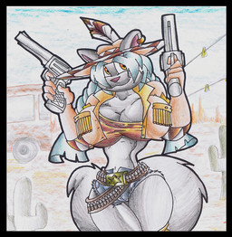 anthro belt black_body black_border black_fur blue_hair border bottomwear bullet_belt cactus clothing cosplay crop_top female fur gun hair handgun hat headgear headwear hotpants jacket navel pistol plant ranged_weapon shirt shorts solo topwear vehicle weapon wild_west virus-20 june_coyote lacy_(lazybucket) ambiguous_species mammal 2010 traditional_media_(artwork)