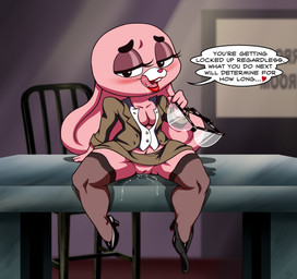 aged_up anthro bedroom_eyes bent_legs big_ears big_head black_clothing black_panties black_underwear blush bodily_fluids bottomless bottomwear breasts buckteeth business_suit chair cleavage cleavage_cutout clothed clothing clothing_around_one_leg collared_shirt cutout desk detailed_background dialogue dress_shirt dripping dripping_vulva drooling eyebrows eyelashes eyeshadow eyewear female footwear fur furniture genital_fluids genitals glasses glasses_off glistening glistening_eyelids glistening_eyes half-closed_eyes high_heels interrogation jacket leggings legwear licking licking_lips licking_own_lips lips lipstick long_ears looking_at_viewer makeup midriff narrowed_eyes navel on_table open_bottomwear open_clothing open_mouth open_shirt open_topwear panties panties_around_one_leg panties_down partially_clothed pink_body pink_fur plump_labia precum presenting presenting_vulva raised_bottomwear raised_clothing raised_skirt rolled_up_sleeves saliva saliva_drip saliva_on_tongue saliva_string seductive self_lick shirt shoes shortstack sitting sitting_on_desk sitting_on_table size_difference skirt small_breasts small_nose smaller_female smile smiling_at_viewer solo speech_bubble spread_knees spread_legs spreading suit table talking_to_viewer teasing teeth text thick_eyebrows thick_lips thick_thighs thigh_highs tight_clothing tights tongue tongue_out toony topwear underwear underwear_around_one_leg underwear_down vaginal_fluids vulva wide_hips pillothestar cartoon_network the_amazing_world_of_gumball anais_watterson lagomorph leporid mammal rabbit absurd_res cel_shading english_text hi_res shaded