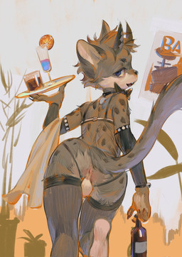 adolescent alcohol anthro anus balls bell beverage blue_eyes bow_tie brown_body brown_fur butt clothing collar feet fur genitals horn jingle_bell kemono legwear looking_at_viewer male markings presenting presenting_hindquarters solo spots spotted_body spotted_fur stockings tail waiter young young_anthro young_male sublamy123 felid feline mammal hi_res