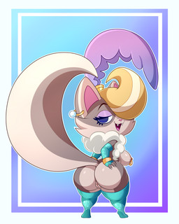 anthro areola armwear blonde_hair blue_eyes border breasts bubble_butt butt clothing ear_piercing elbow_gloves eyeshadow fangs feather_boa female fingerless_gloves fur genitals gloves grey_body grey_fur hair hair_over_eye half-closed_eyes handwear legwear looking_at_viewer looking_back looking_back_at_viewer makeup narrowed_eyes nipple_piercing nipples open_mouth piercing pink_nose purple_eyeshadow solo stockings teeth thick_thighs tongue vulva white_border lonbluewolf lucky's_tale_(series) lady_meowmalade domestic_cat felid feline felis mammal 2025 4:5 hi_res