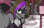 anthro bathroom bra breasts butt cellphone clothed clothing electronics female fur hair looking_at_viewer mirror phone reflection selfie smile solo underwear reo_grand sam_(pink) mammal procyonid raccoon absurd_res digital_media_(artwork) hi_res