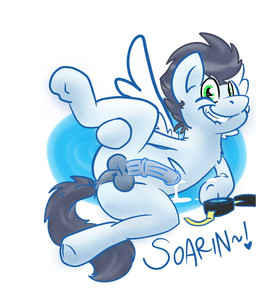 anus backsack balls blue_body blue_feathers bodily_fluids butt clothing cum erection eyewear feathered_wings feathers feral fur genital_fluids genitals goggles green_eyes hair looking_at_viewer male nude open_mouth penis presenting shadow simple_background smile solo spread_legs spreading teeth wings backsash friendship_is_magic hasbro my_little_pony mythology soarin_(mlp) wonderbolts_(mlp) equid equine mammal mythological_creature mythological_equine pegasus hi_res