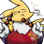 anthro asian_clothing chinese_clothing chinese_dress clothing dress east_asian_clothing eating eating_food eyes_closed female food happy holding_food holding_object holidays mouth_closed red_clothing solo yellow_body rizal_ok bandai_namco chinese_new_year digimon canid canine digimon_(species) fox mammal renamon hi_res