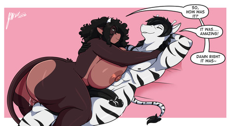 after_sex anthro big_breasts bodily_fluids breasts brown_body brown_fur cum duo erect_nipples female fur genital_fluids genitals huge_breasts male male/female nipples stripes text vulva white_body white_fur jwinkz grant_(wing_black) summer_(jwinkz) bovid equid equine mammal zebra 2026 english_text