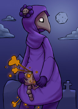 animal_mask beak_mask bone butt clothing cloud fart fart_cloud farting_on_face female flower_on_head full_moon hand_on_butt looking_back mask moon orange_fart_cloud plague_doctor purple_clothing purple_hands purple_hood purple_robe rear_view robe skull solo jubb humanoid 2021