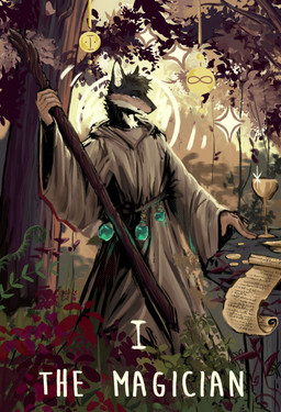 anthro card clothed clothing coin container cup detailed_background forest fur goblet gold_(metal) gold_coin holding_object infinity_symbol major_arcana plant potion_bottle robe roman_numeral scroll solo staff symbol tarot tarot_card text the_magician_(tarot) tree tessa_gaf canid canine canis mammal wolf digital_media_(artwork) english_text hi_res