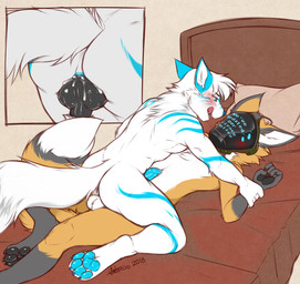 4_eyes 4_toes 5_fingers anal anal_penetration anthro anthro_on_anthro anthro_penetrated anthro_penetrating anthro_penetrating_anthro anus balls bed bedroom black_claws black_pawpads blue_body blue_claws blue_eyes blue_fur blue_pawpads blue_penis blue_stripes blush bodily_fluids claws cum cum_in_ass cum_inside cum_on_knot cum_on_penis duo erection eye_contact feet fingers from_front_position fur fur_markings furniture genital_fluids genitals grey_body grey_fur hair half-closed_eyes inside interspecies knot licking licking_lips looking_at_another looking_at_partner looking_pleasured lying machine male male/male male_on_bottom male_on_top male_penetrated male_penetrating male_penetrating_male markings mask multi_eye narrowed_eyes neck_tuft on_back on_bed on_bottom on_top orange_body orange_fur pawpads paws penetration penis pink_tongue pinned_arms power_bottom privacy_policy protogen_visor reverse_missionary_position screen screen_face self_lick sex sharp_teeth striped_body stripes teeth text toe_claws toes tongue tongue_out tuft visor we've_updated_our_privacy_policy white_body white_fur white_hair wrist_grab antiroo nivv_(pmd433) armorless_protogen canid canine canis fox mammal protogen robot wolf 2018 dated digital_media_(artwork) english_text hi_res signature