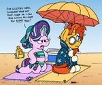 beach bikini bottle clothing container cooler cutie_mark duo eyewear facial_hair female feral glasses hair horn leg_markings levitation male markings orange_hair parasol purple_hair seaside socks_(marking) sunscreen swimwear text towel two-piece_swimsuit bobthedalek friendship_is_magic hasbro my_little_pony mythology starlight_glimmer_(mlp) sunburst_(mlp) equid equine mammal mythological_creature mythological_equine unicorn english_text hi_res