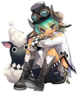 ambiguous_gender black_boots black_clothing black_footwear boots bottomwear chain clothed clothing crossed_arms duo eyewear female fingers footwear fully_clothed goggles green_hair hair hat headgear headwear horn open_mouth open_smile purple_eyes shirt shoes shorts simple_background sitting smile top_hat topwear white_background kawasumi humanoid 2015