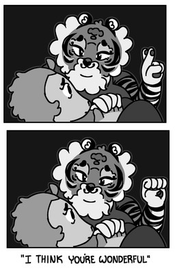 anthro black_bottomwear black_clothing black_dress black_ears black_eyes black_pawpads black_text black_topwear bottomwear cheek_tuft circle_eyebrows closed_hands closed_smile clothing comforting comforting_another comic_panel dress duo eyebrows facial_tuft female fur gesture grey_body grey_fur grey_scales hand_gesture hand_holding hand_sign hand_signs inner_ear_fluff knees_up looking_at_another mouth_closed pawpads pseudo_hair quotation_marks scale_hair scales signing_to_another small_ears smile striped_body striped_fur stripes text topwear tuft v_sign white_inner_ear white_inner_ear_fluff highlandkall li_(highlandkall) naomi_(highlandkall) felid mammal pangolin pantherine tiger 2025 american_sign_language comic digital_drawing_(artwork) digital_media_(artwork) english_text hi_res monochrome multiple_scenes sign_language