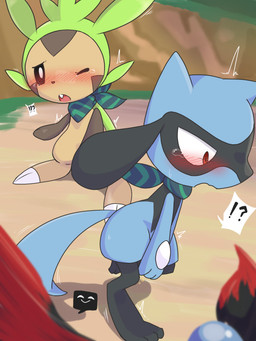ambiguous_gender anthro blush bodily_fluids embarrassed genital_fluids group holding_crotch interrobang kerchief mostly_nude omorashi open_mouth outside peeing scarf scarf_only shaking smile tears trembling urine urine_drip young young_anthro milklemon5127 nintendo pokemon pokemon_mystery_dungeon spike_chunsoft chespin generation_4_pokemon generation_5_pokemon generation_6_pokemon pokemon_(species) riolu zoroark 3:4 hi_res