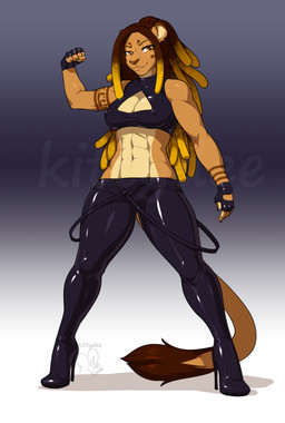 abs anthro biped boots breasts cleavage clothed clothing countershading dreadlocks female female_anthro footwear high_heeled_boots high_heels latex looking_at_viewer midriff muscular muscular_anthro muscular_female navel nipple_outline shoes simple_background smile solo standing kittydee felid lion mammal pantherine 2016 digital_media_(artwork) hi_res shaded signature watermark