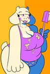 anthro batter big_breasts blush breast_squish breasts clothing female huge_breasts orange_background panties shirt simple_background slightly_chubby slightly_chubby_female smile solo spatula squish tank_top thick_thighs tongue tools topwear underwear duskcy undertale_(series) toriel bovid caprine goat mammal hi_res