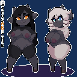 anthro areola big_areola big_breasts big_nipples blue_eyes bouncing_breasts breasts duo female fur genitals grey_body grey_fur huge_hips huge_thighs looking_at_viewer multicolored_body multicolored_fur navel nipples nude orange_eyes simple_background smile smiling_at_viewer thick_thighs transparent_background two_tone_body two_tone_fur vulva wide_hips wool_(fur) sevsartcave aurora_(poppycorn) umbra_(poppycorn) bovid caprine mammal sheep 1:1 2025 2d_animation alpha_channel animated digital_media_(artwork) pixel_(artwork)