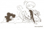 afro bone clothing digging duo female kerchief male skeleton solo_focus amazingbedhead one_piece brook_(one_piece) wanda_(one_piece) canid canine canis domestic_dog mammal minkmen_(one_piece) 3:2 digital_drawing_(artwork) digital_media_(artwork) monochrome