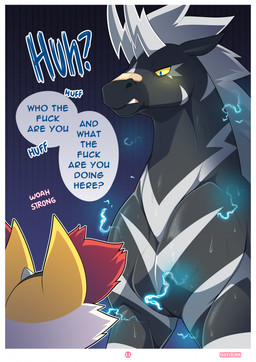 ambiguous_gender bodily_fluids border dialogue duo feral inner_ear_fluff larger_ambiguous profanity pupils quadruped simple_background size_difference smaller_ambiguous speech_bubble striped_body stripes sweat tail text tuft white_border yellow_eyes nikkibunn nintendo pokemon boro_the_zebstrika ellie_the_braixen braixen generation_5_pokemon generation_6_pokemon pokemon_(species) zebstrika english_text hi_res male_(lore)
