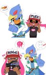 bad_idea clothing dark_body dark_skin duo evil_laugh female gun hat headgear headwear male profanity ranged_weapon simple_background star_eyes text text_on_clothing text_on_hat text_on_headwear weapon white_background jinu nintendo splatoon star_fox super_smash_bros. super_smash_bros._ultimate falco_lombardi inkling_girl animal_humanoid avian bird cephalopod cephalopod_humanoid humanoid inkling marine marine_humanoid mollusk mollusk_humanoid 2019 digital_media_(artwork) hi_res pictographics