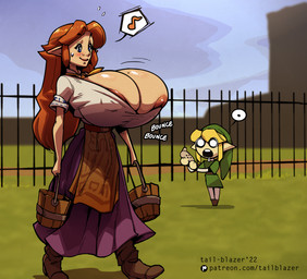 big_breasts blonde_hair bottomwear breasts bucket clothing container duo female fence green_clothing hair male orange_hair outside shirt skirt topwear white_clothing white_shirt white_topwear tail-blazer nintendo ocarina_of_time the_legend_of_zelda link malon hylian 2022 hi_res