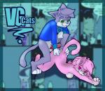 anthro balls breasts butt clothing collar countershading duo erection female fur genitals green_eyes hair looking_back male male/female nude penis pink_body pink_fur pink_hair raised_tail smile spread_legs spreading tail teasing challen vg_cats aeris_(vg_cats) leo_(vg_cats) domestic_cat felid feline felis mammal