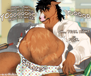 abdominal_bulge alcohol anthro beverage body_hair brown_body brown_fur bulge chest_hair clothing dialogue ears_down eye_bags fur furniture grumpy happy_trail hungover leg_hair male male/male pivoted_ears robe shlurp sitting snout sofa struggling struggling_prey text underwear vore white_text paradoxinhead bojack_horseman netflix bojack_horseman_(character) todd_chavez equid equine horse mammal 2025 english_text hi_res