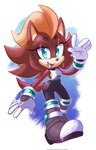 anthro black_nose blue_eyes brown_body brown_fur clothing eyelashes female footwear fur gloves handwear looking_at_viewer simple_background solo tight_clothing auntymoira hildahyena sega sonic_the_hedgehog_(series) hilda_the_hyena hyena mammal hi_res