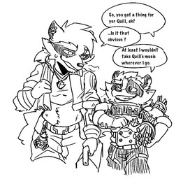 anthro clothing crop_top duo fluffy grin hair male midriff multiverse ponytail shirt smile stated_homosexuality stated_sexuality teasing text topwear towel fox_cosmor guardians_of_the_galaxy marvel rocket_raccoon mammal procyonid raccoon english_text monochrome