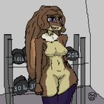 anthro athletic breasts buckteeth clothing covered_nipples female fluffy genitals gym hand_on_hip happy innie_pussy legwear legwear_only long_ears mostly_nude public public_nudity pussy smile solo stockings stockings_only teeth mariterh lagomorph leporid mammal rabbit digital_media_(artwork) pixel_(artwork)