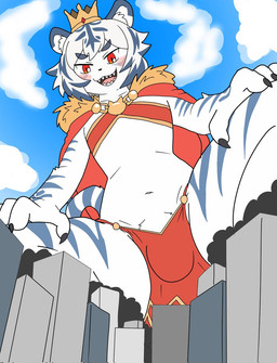 anthro bottomwear bulge city cityscape clothing crown headgear loincloth macro male sharp_teeth smile solo teeth toothy_grin unknown_artist azura_safir felid mammal pantherine tiger hi_res