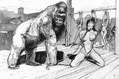 ambiguous_gender bound breasts chain clitoris clitoris_piercing clitoris_ring collar eyes_closed female feral genital_piercing genitals group holding_leash holding_object kneeling leash medium_breasts nipple_chain nipple_piercing nipples nude outdoor_nudity piercing public public_nudity ring_piercing slave_market vulva vulva_piercing vulva_ring jandraws ape gorilla haplorhine human mammal primate 2017 black_and_white cross-hatching dated hatching_(art) line_art monochrome shaded signature