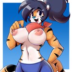 1:1 anthro bandanna big_breasts black_hair blush bottomwear breasts clothed clothing countershading crossgender felid female frosted_flakes hair hi_res kellogg's kerchief lucyfercomic mammal mascot mtf_crossgender nipples open_mouth pantherine pink_nipples red_bandanna red_kerchief shorts solo stripes tiger tony_the_tiger topless topless_female
