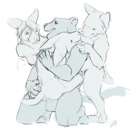 4_toes 5_fingers anthro anthro_on_anthro anthro_penetrated anthro_penetrating anthro_penetrating_anthro balls breasts butt feet female female_penetrated fingers fur genitals group hindpaw humanoid_hands interspecies kneeling male male/female male_penetrating male_penetrating_female nude nude_anthro nude_female nude_male paws penetration sex tail toes slate canid canine canis domestic_dog felid herding_dog mammal pantherine pastoral_dog welsh_corgi