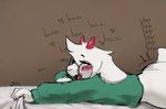 2_horns anthro bed bed_sheet bedding bleating blush bottomless brown_background butt clothed clothing cute_fangs eye_roll eyewear fangs femboy floppy_ears fur furniture glasses grabbing_sheets green_clothing green_shirt green_topwear heart_symbol horn long_sleeves lying male male_penetrated offscreen_character offscreen_sex on_bed on_front open_mouth penetration pink_horn round_glasses scut_tail sex shirt short_tail simple_background solo tail teeth text topwear wearing_glasses white_body white_fur pompsadoodle deltarune undertale_(series) ralsei bovid caprine goat mammal 2023 english_text hi_res