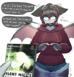 anthro bat_wings belt blind bottomwear clothing collar denim denim_bottomwear denim_clothing denim_shorts dialogue disability duo female fingertips_touching hoodie membrane_(anatomy) membranous_wings occult_symbol pentagram shorts simple_background solo_focus speech_bubble symbol text thick_thighs topwear white_background wide_hips wings arzy_parzy konami silent_hill alina_(arzy_parzy) bat human mammal 2025 digital_media_(artwork) english_text hi_res
