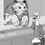 anthro clothed clothing duo electronics female humor male motion_blur phone size_difference nobby_(artist) disney zootopia artemis_(nobby) sydney_(nobby) felid mammal moschid pantherine tiger hi_res monochrome